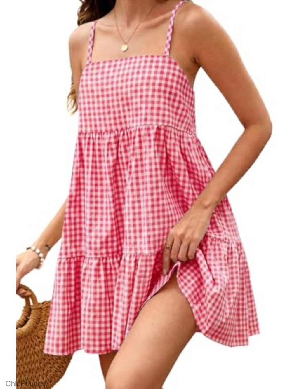 Women's Gingham Mini Dress Sleeveless Spaghetti Strap Beach A-Line